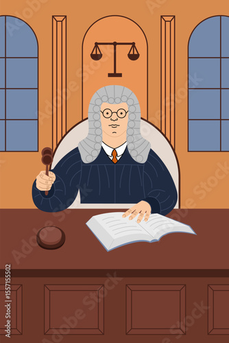 Illustration of a judge sitting at the courtroom desk with one hand resting on a law book and the other holding a gavel.