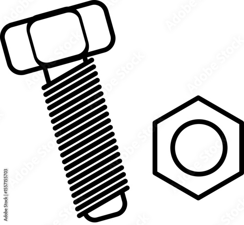 Vector Illustration of Bolt and Hex Nut in Black and White Line Art Style