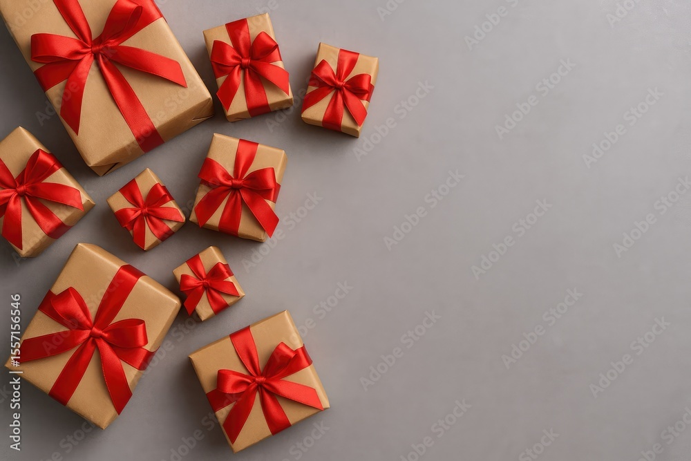 Obraz premium Holiday gift boxes on neutral backdrop with space for text