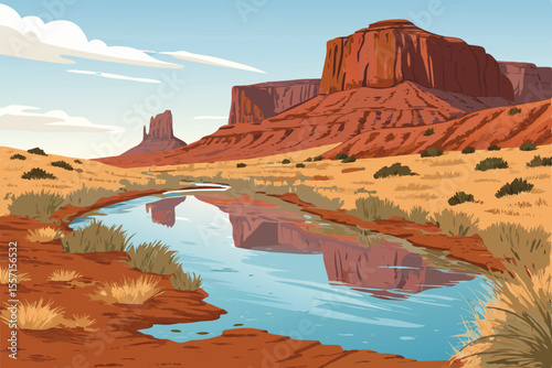 Vector desert landscape. Cliffs reflected in pristine water. (1) moon above. Minimalist, geometric style.