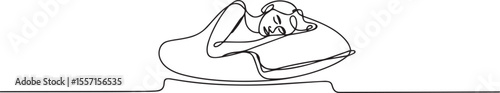Continuous single line drawing of a woman sleeping on a pillow and bed in minimalist lifestyle