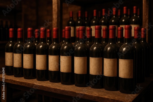 Wine bottles stored on a shelf in a cellar
