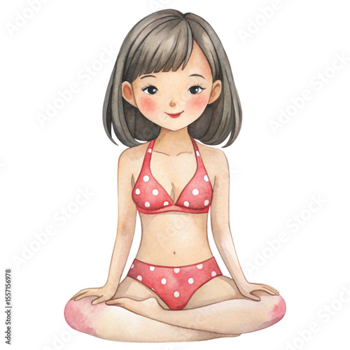 Beautiful Asian girl wearing a swimsuit Summer Day Clipart Watercolor 
