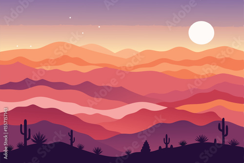 Layered desert hills vector background. Stylized, flat design, warm color palette, minimalist landscape illustration.