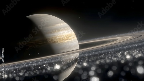 Millions of shimmering ice and rock particles drift serenely in the foreground, part of Saturn's majestic rings, with the planet and its moons in the distance.