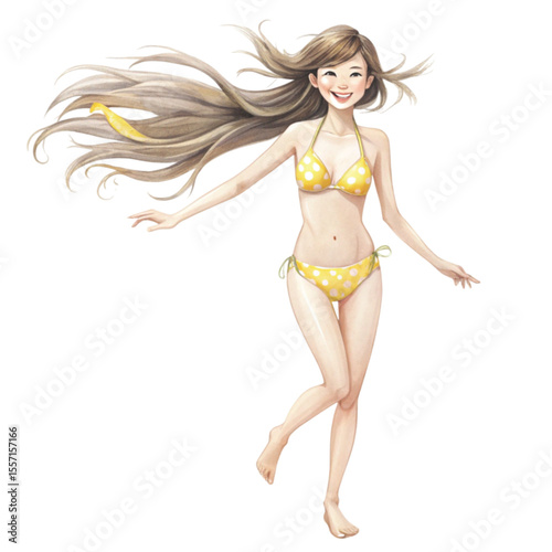 Beautiful Asian girl wearing a swimsuit Summer Day Clipart Watercolor 
