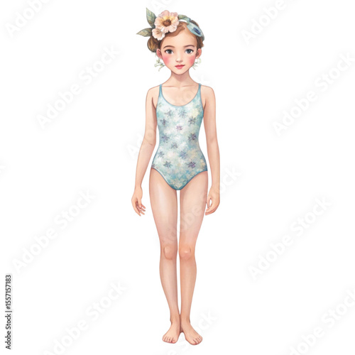 Beautiful Asian girl wearing a swimsuit Summer Day Clipart Watercolor 
