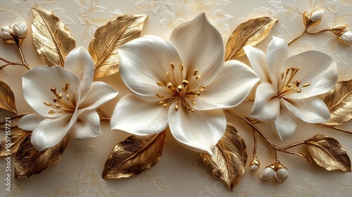 Elegant white flowers with gold leaves, intricate design.