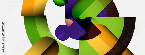 Abstract geometric shapes overlap, creating vibrant color patterns. Composition features curves, angles, plus contrasting hues.