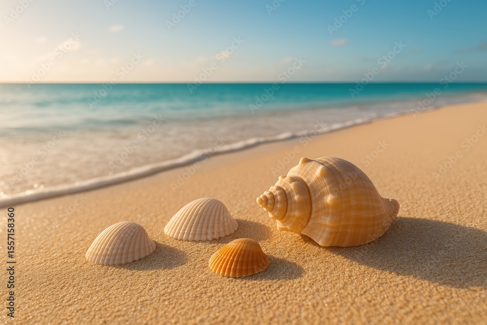 Seashells scattered across a sandy shoreline Seashells scattered across a sandy shoreline