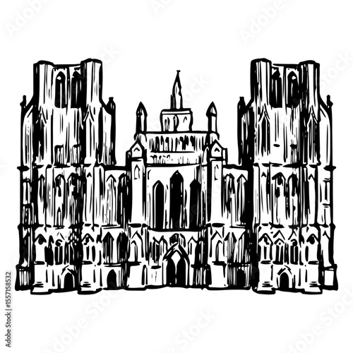 Wells Cathedral in Ink – A Detailed  Illustration of Historic Gothic Landmark. Hand-drawn in black ink, this artwork highlights the ornate stonework and soaring towers of this medieval cath
