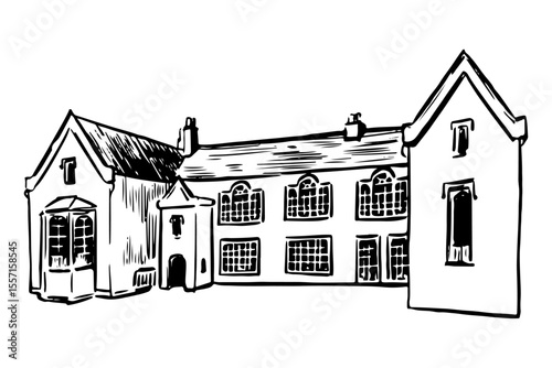 Wells Museum – Black Ink Illustration of Local Heritage Architecture. A fine-line depiction of the historic museum building featuring traditional stonework and period details.
