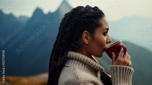 A woman savors a warm drink while admiring stunning mountain scenery at dawn, lost in thought amidst nature's beauty