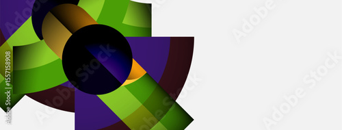 Abstract design features vibrant overlapping shapes, dark center, bright greens, purples. Modern aesthetic, clean background.