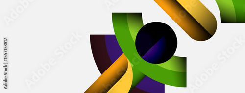 Abstract design features colorful curved shapes, overlapping forms, dynamic composition. Modern aesthetic, vibrant hues, simple background.