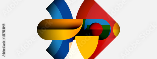 Abstract shapes overlap, creating dynamic composition. Bright colors dominate, suggesting movement, energy, modern design. Smooth gradients enhance visual interest.