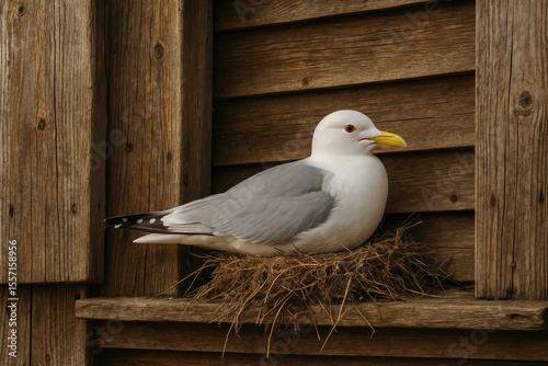 Seagull roosting on weathered wooden structure