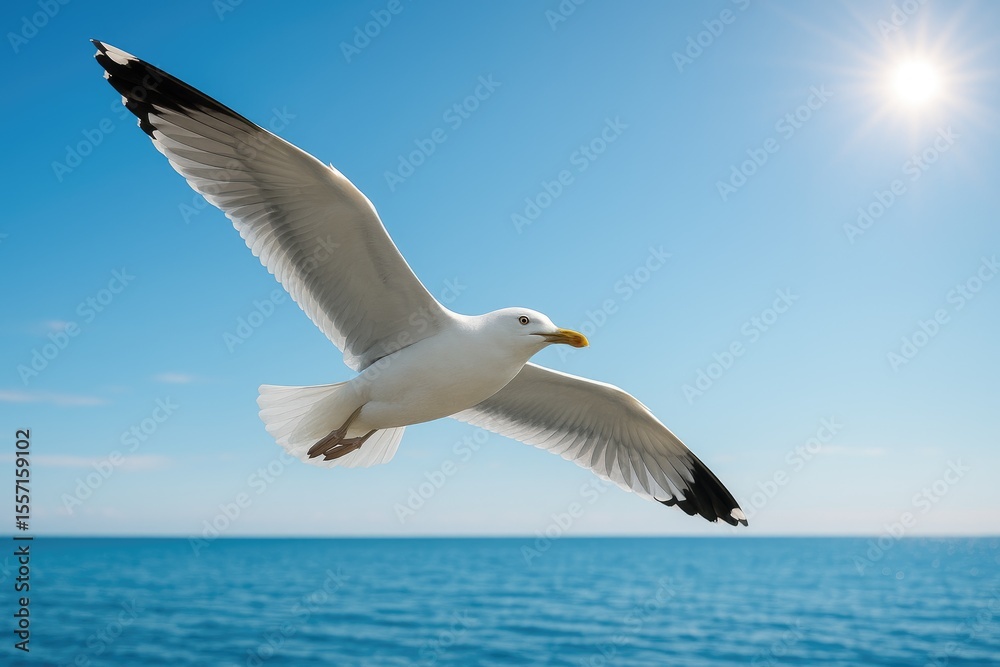 Obraz premium Seagull gliding beneath a clear summer sky