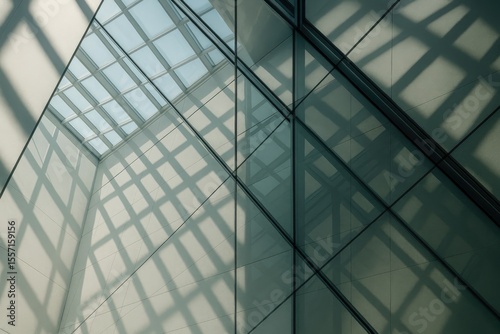 Lighting and shadow play on a reflective glass ceiling piece seen through a mirror wall. Close-up tilt shot of an office space interior showcasing contemporary architecture.