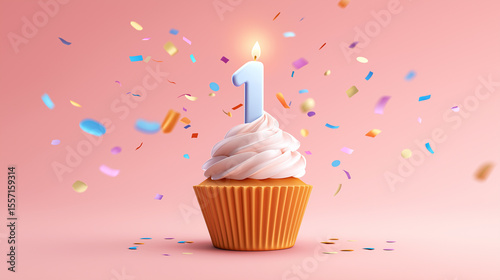 Cupcake with a number 1 candle celebrates a first birthday or anniversary, with colorful confetti falling against a pink background