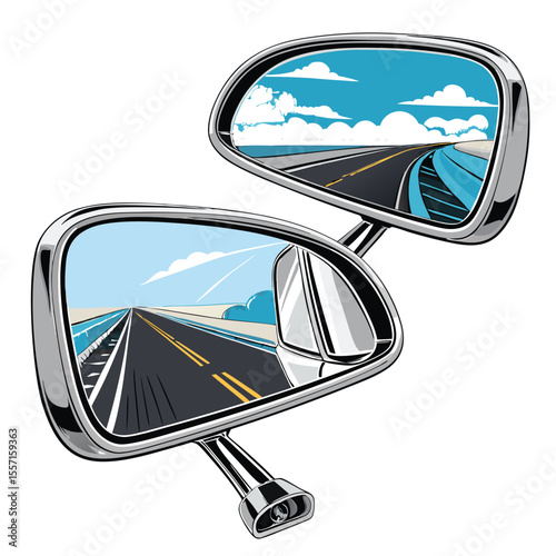 Vintage car rearview mirrors reflect blurred highway lights. Nostalgic, cinematic road trip feel.