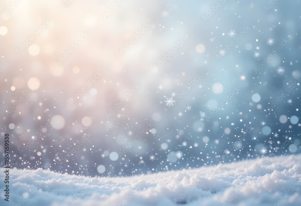 Fototapeta premium Gentle Snowflakes Falling in Soft Blue and Peach Sky