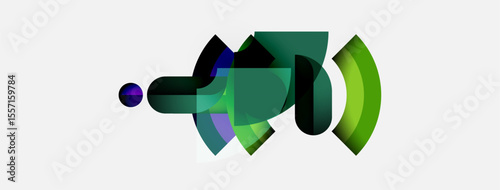 Abstract shapes overlap, creating dynamic composition. Green, purple hues dominate neutral background. Modern design element.