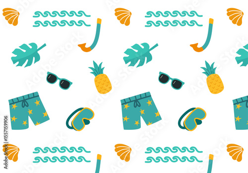Fun seamless summer beach pattern with pineapples, shorts, snorkels, waves, shells, and sunglasses. Perfect for fabric, wrapping paper, social media, and summer design projects.