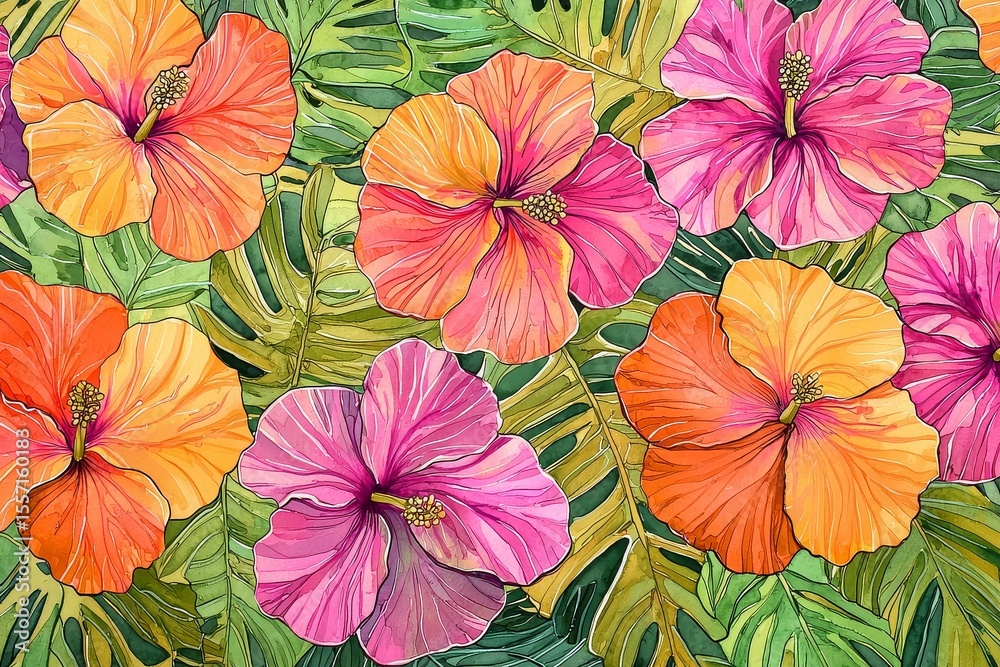 custom made wallpaper toronto digitalSeamless pattern of pink, orange, and green hibiscus flowers with tropical leaves in bold shapes and bright colors on vibrant background