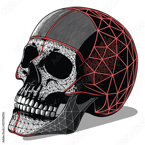 A stylized digital 3D skull, constructed from intricate geometric mesh and rendered as a wireframe.