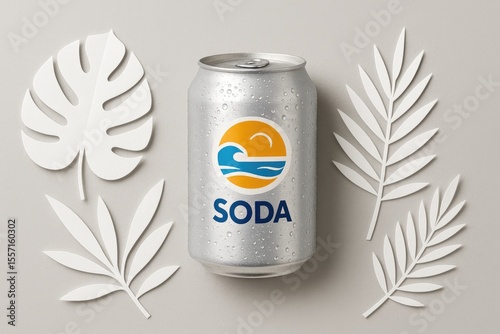 A cold soda can surrounded by paper leaves on a neutral grey backdrop
