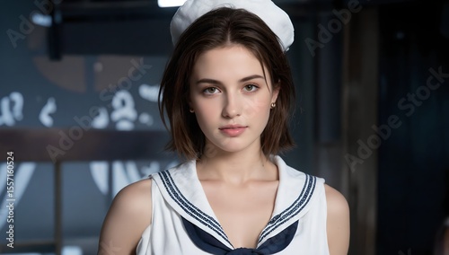 Free Download Beautiful young woman wearing a classic sailor style outfit and hat - GFXLoad