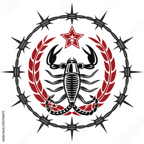 Dynamic 80s-style biker gang insignia depicting a scorpion, barb, and lightning bolt.