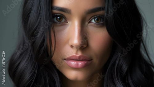 A stunning display of a model's enchanting features, with long dark hair framing her face against a neutral background