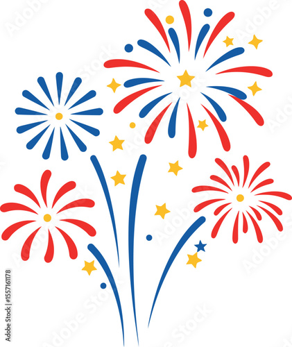 Colorful fireworks display bursting with red, white, and blue starbursts and sparks.