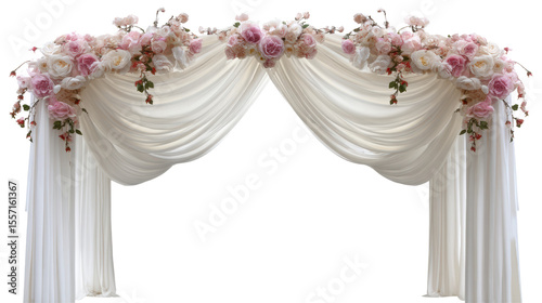 Elegant floral wedding arch with drapery.