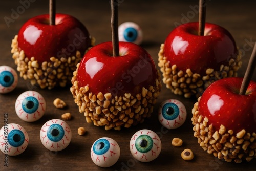 Sugary red apples dipped in caramel and covered with chopped walnuts, encircled by floating eyeballs