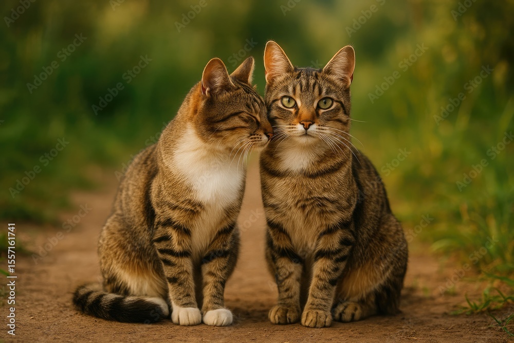 Obraz premium A pair of cats sharing a loving moment while sitting on the ground