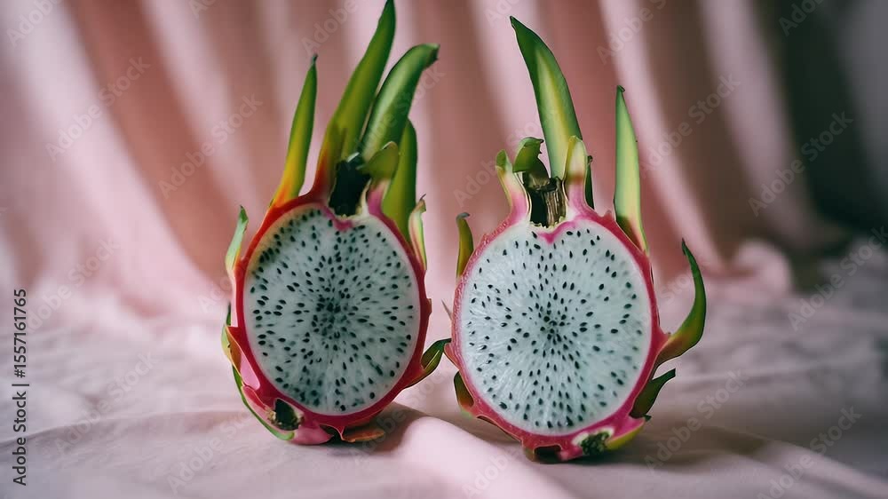 Exotic dragon fruit closeup view of halved fruit white flesh black seeds