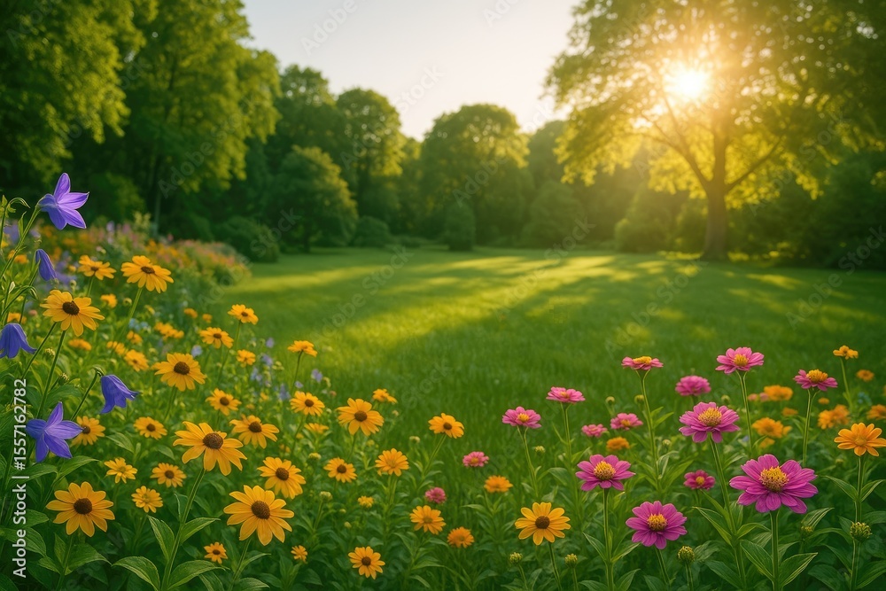 Obraz premium Beautiful garden filled with blooming flowers and lush greenery
