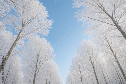 Winter scene featuring frosted tree branches in a serene forest