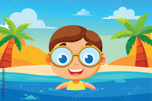 Happy Child Wearing Glasses Enjoying Swimming at a Tropical Beach with Palm Trees