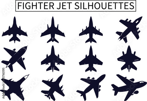 Set of Fighter Jet Silhouettes – Military Aircraft Vector Collection on White Background