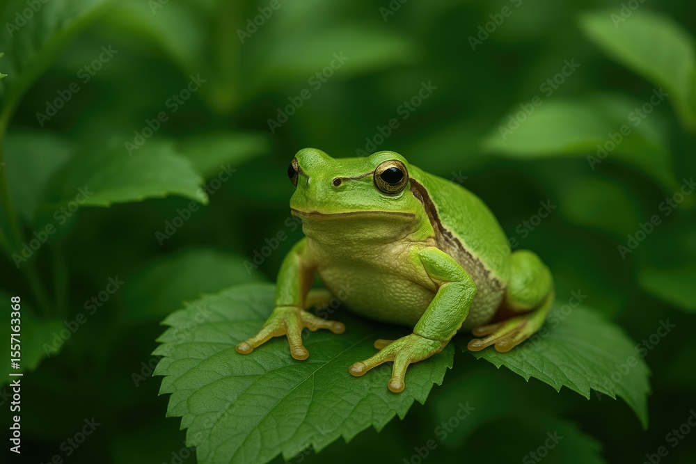 Fototapeta premium A frog perched on a lush leaf