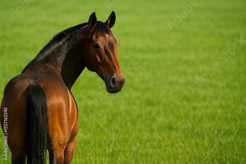 Equine portrait of a gelding glancing backward against a lush green field with space on the side