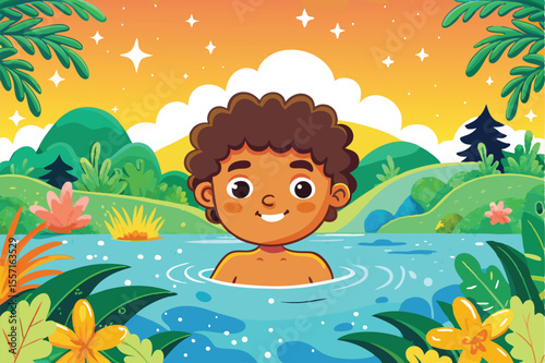 Joyful Child Swimming in a Vibrant Tropical Nature Landscape at Sunset