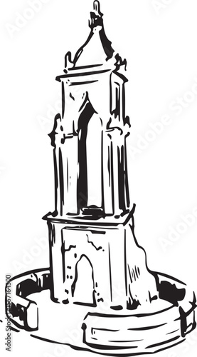 Wells Market Cross – Ink Drawing of Historic Market Structure and Civic Square. Monochrome sketch of the medieval stone cross at the heart of Wells, with decorative finials and urban backdrop.
