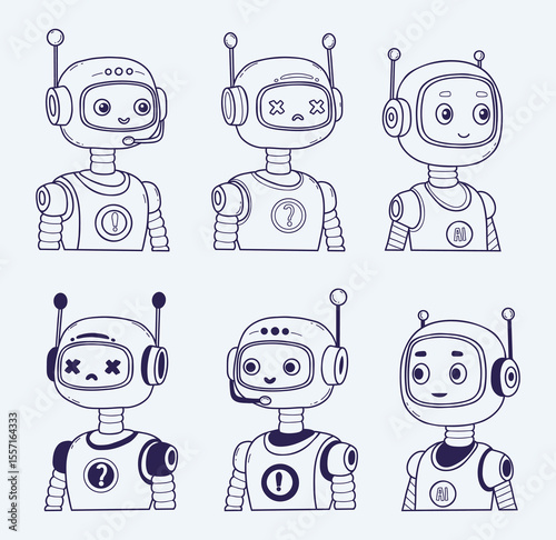 Chatbot Face, Robot, Assistant AI set. Outline hand drawing Avatar. Vector Isolated character for tech support, security, chatbot projects, futuristic design. Not AI