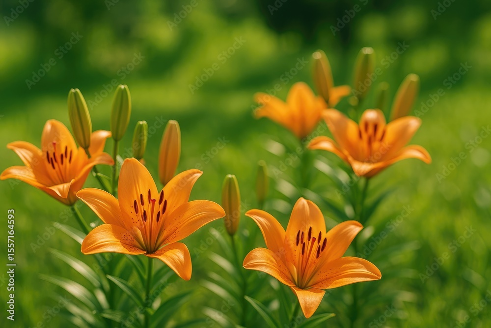Fototapeta premium Vibrant summer scene featuring a close-up of elegant lily blossoms outdoors