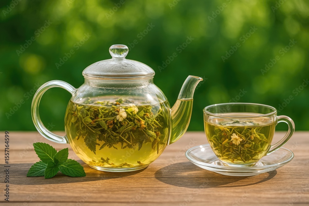 Herbal Organic Tea in a Teapot and Cup on a Wooden Surface with a Nature Blur for Wellness Herbal Organic Tea in a Teapot and Cup on a Wooden Surface with a Nature Blur for Wellness